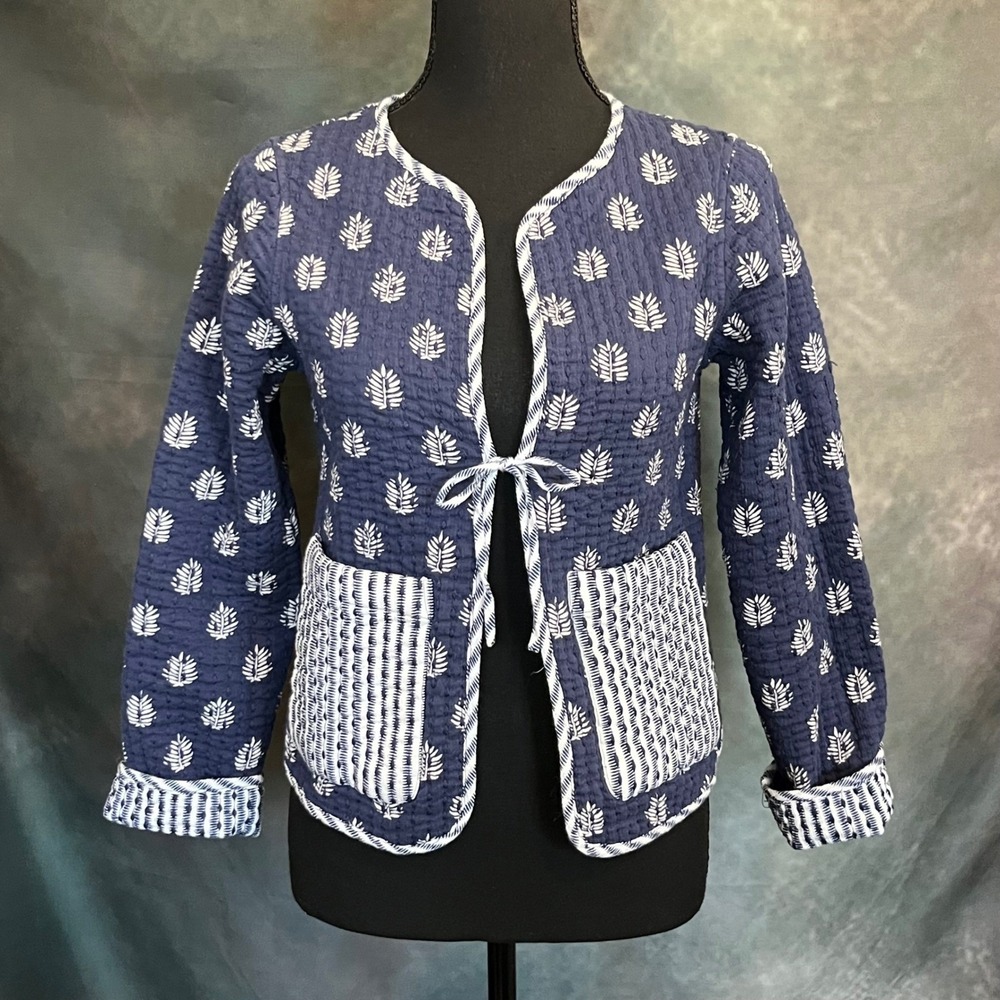 Vineyard Vines Reversible Quilted Jacket Size XXS Blue White Leaf Print Pockets